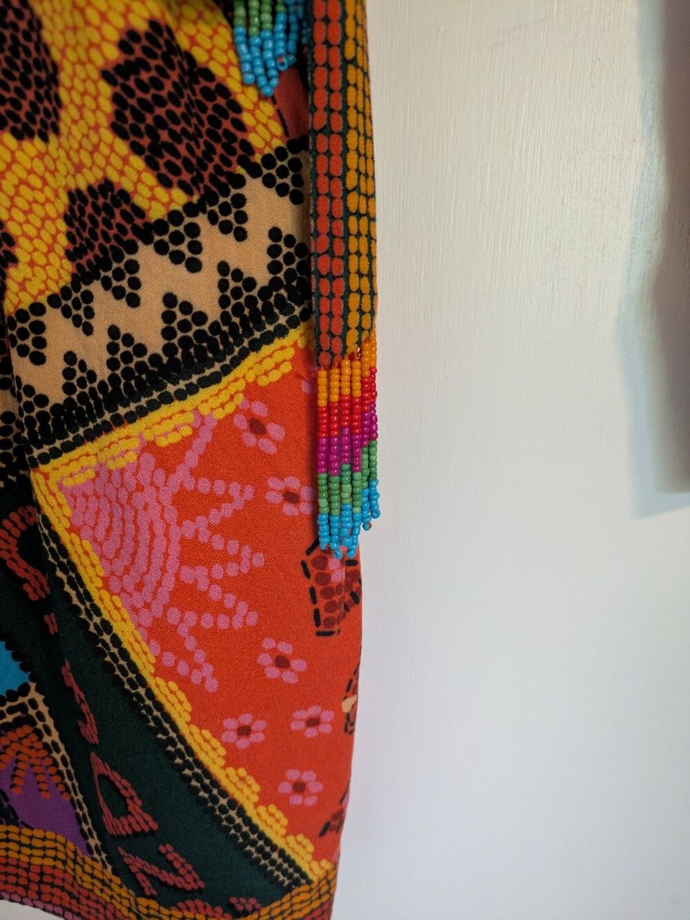 Farm Rio Dotted Patch Scarf Mini Wrap Dress S Orange Multi Boho Tassel New - Picture 9 of 13
